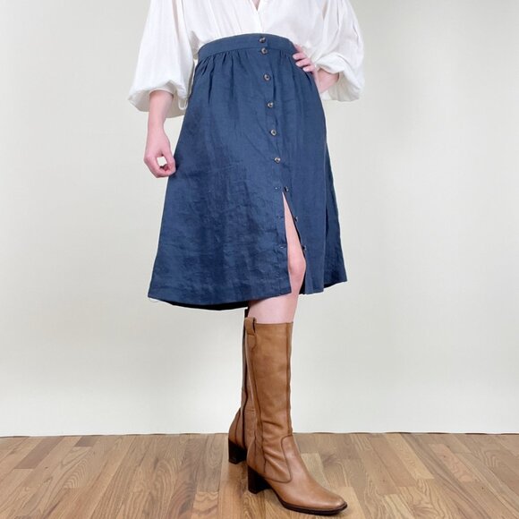 Handmade 100% Linen Midi Skirt Pleated Button Up High Rise Vintage Retro Rustic - Picture 7 of 7